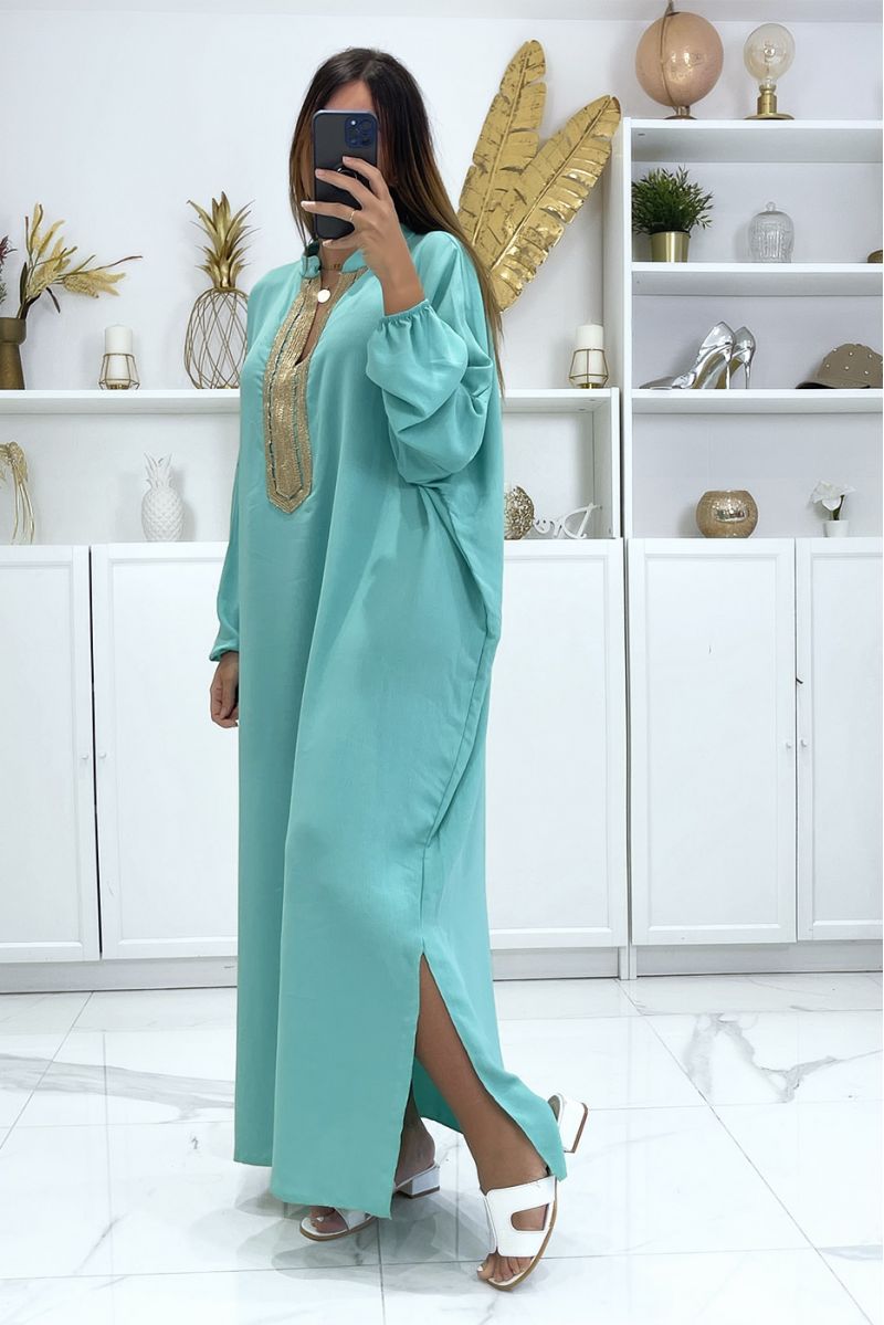 Abaya large size water green with puffed sleeves and gold embroidery on the collar - 5