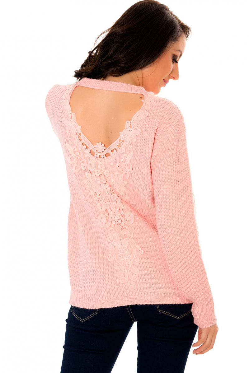 Pull tricot Rose avec un ravissant dos à crochet à col V très fashion. 2711. - 7