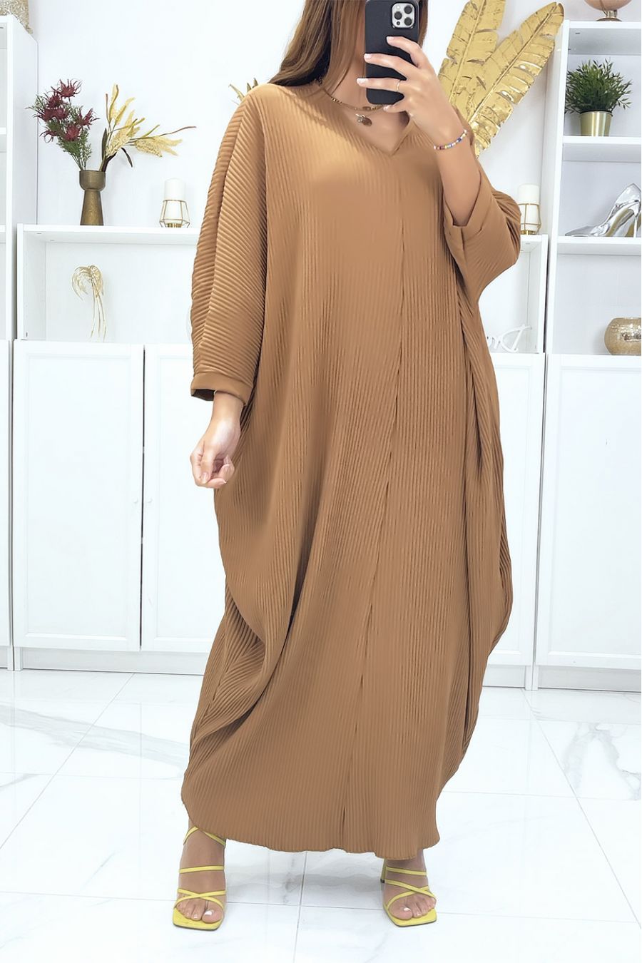 Camel Batwing Sleeve Plus Size Dress - 1