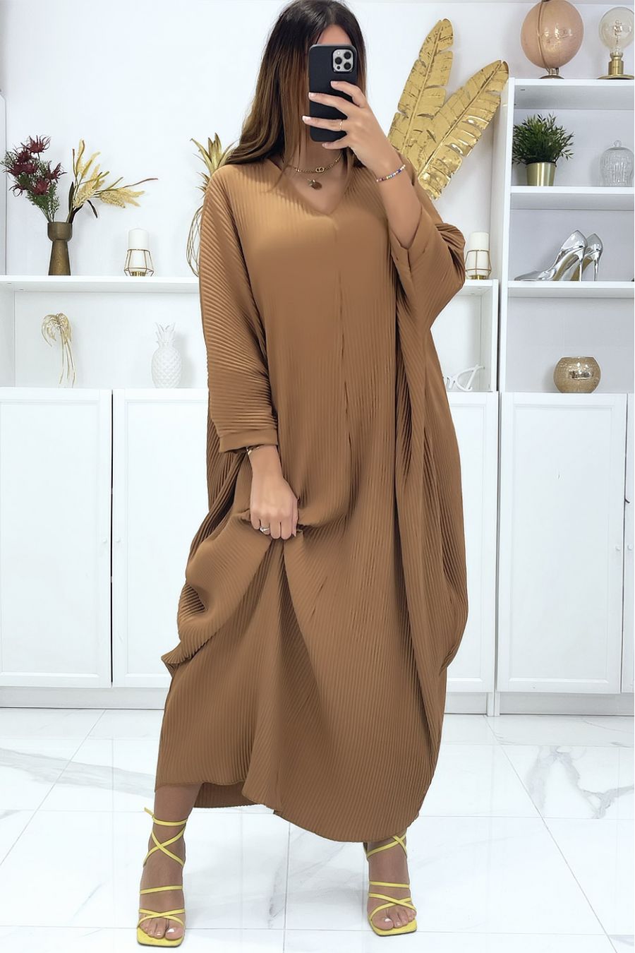 Camel Batwing Sleeve Plus Size Dress - 2