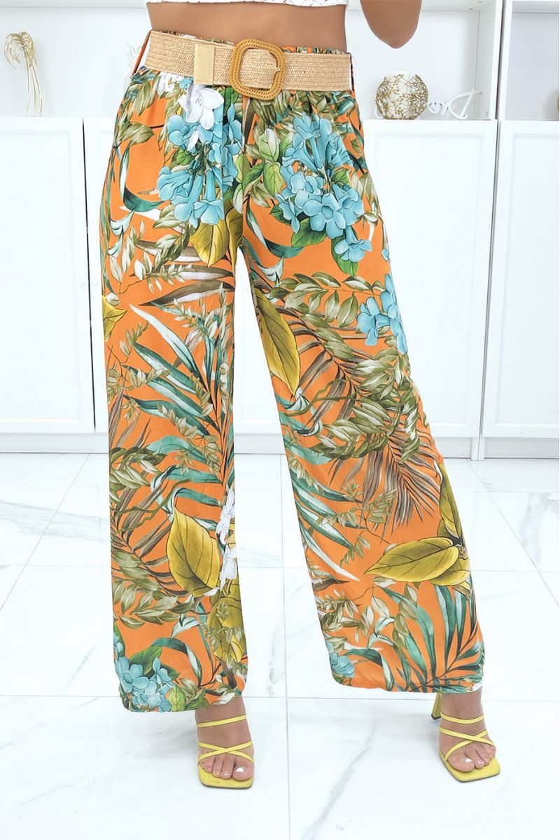 Orange palazzo pants with multicolored foliage pattern - 2