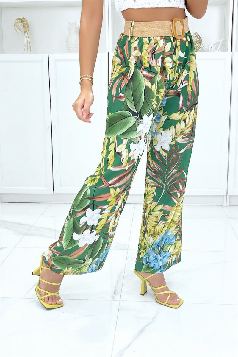 Pantalon palazzo vert à motif feuillage multicolores - 3