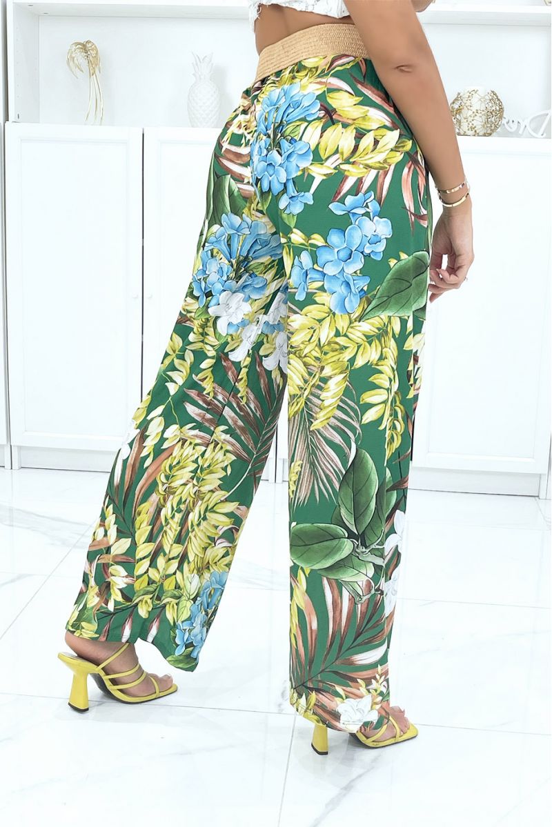 Pantalon palazzo vert à motif feuillage multicolores - 4