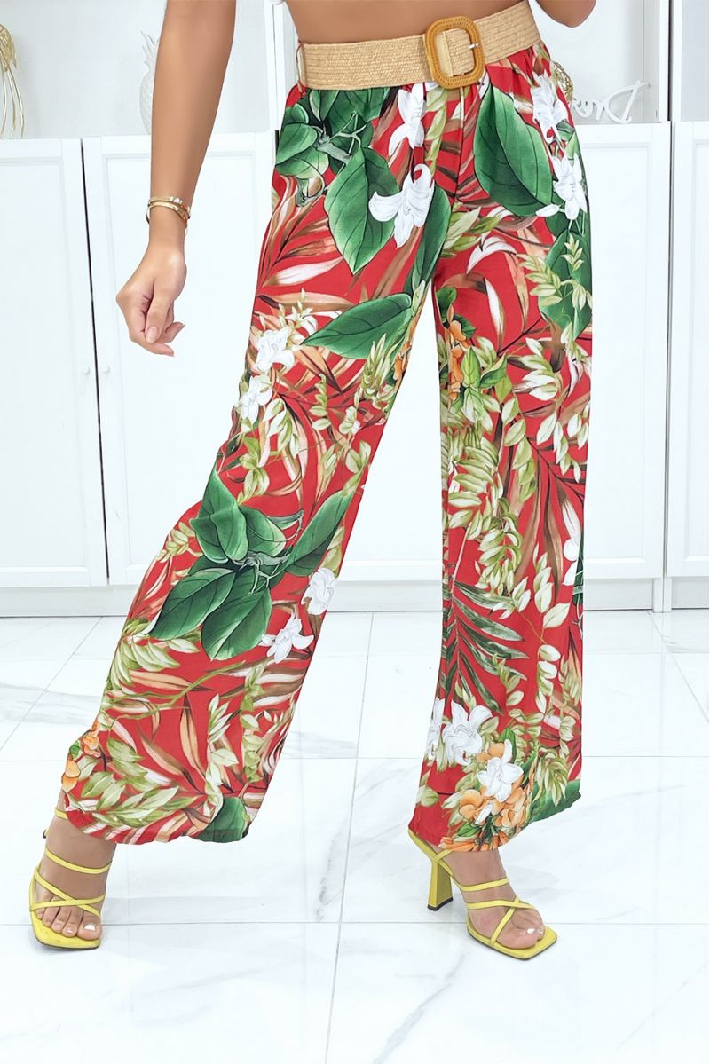 Red palazzo pants with multicolored foliage pattern - 2