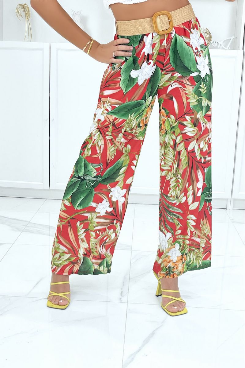 Red palazzo pants with multicolored foliage pattern - 3