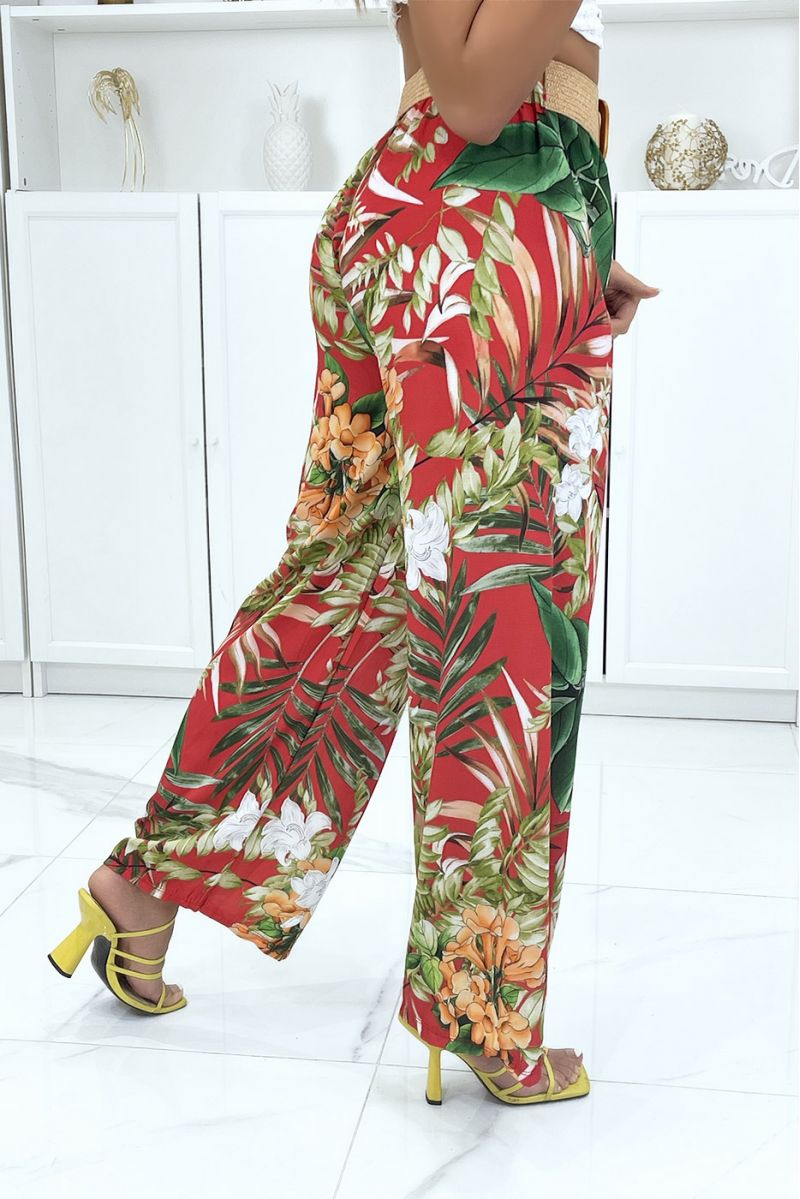 Red palazzo pants with multicolored foliage pattern - 4