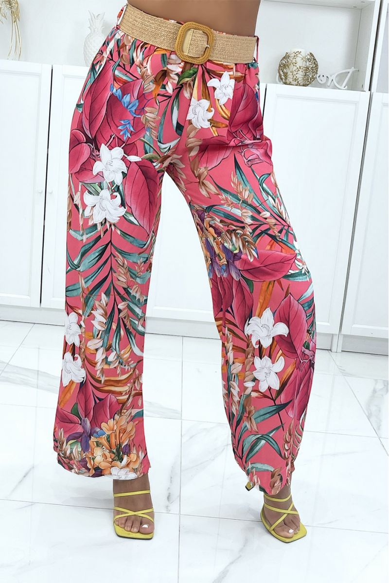 Pantalon palazzo fushia à motif feuillage multicolores - 2