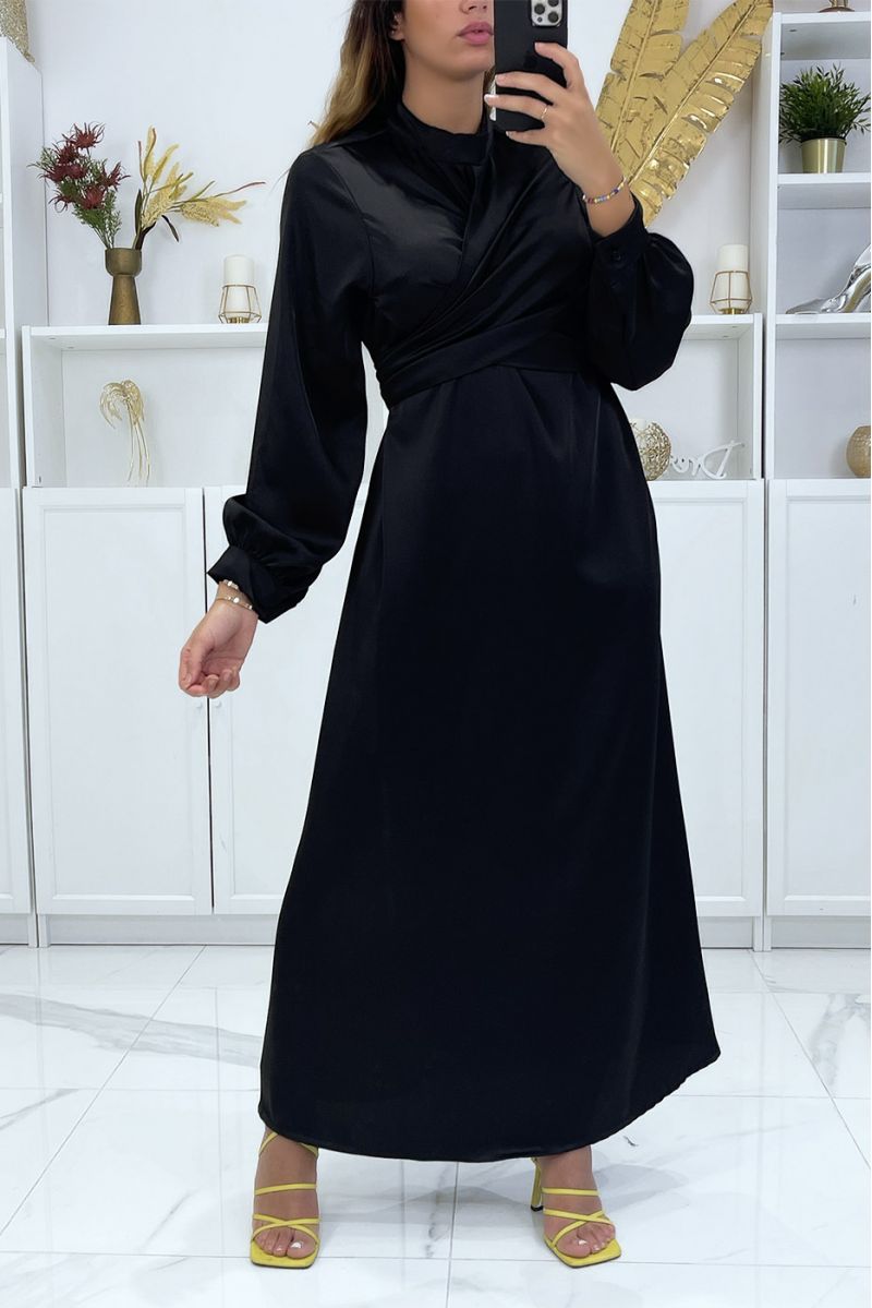 Women's black satin crossover dress with stand-up collar - 1