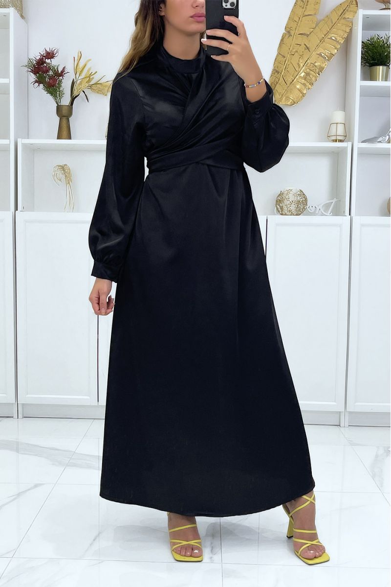 Women's black satin crossover dress with stand-up collar - 2