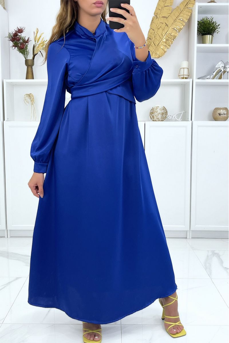 Women's royal blue satin crossover dress with stand-up collar - 2