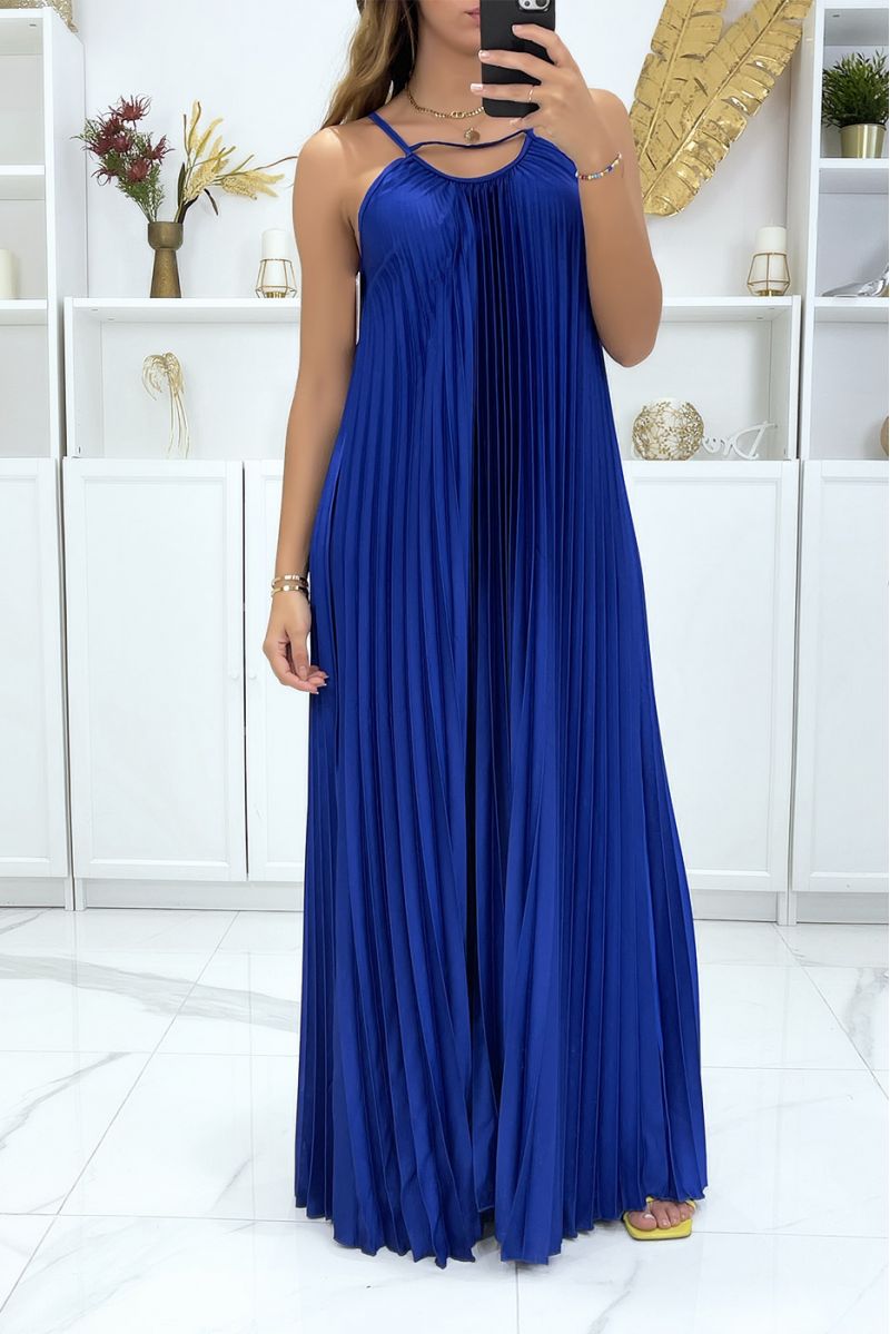 Pleated and flared royal satin long dress - 1