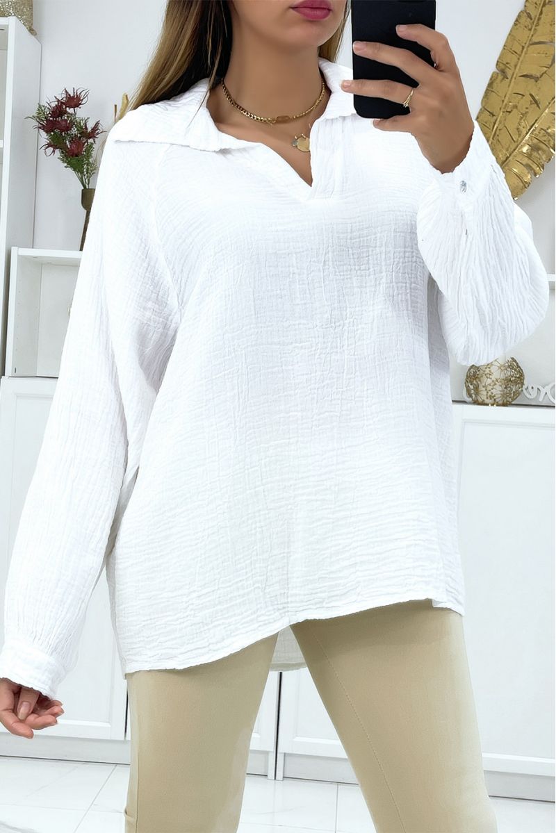 Linen effect blouse with white lapel collar - 2