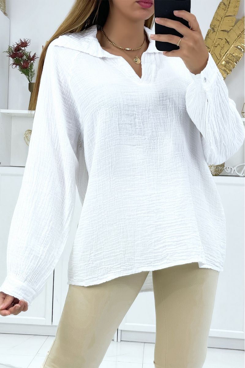 Linen effect blouse with white lapel collar - 3