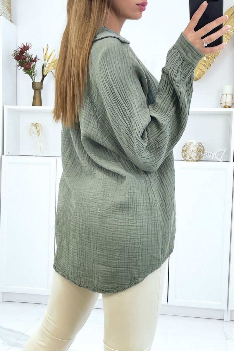 Blouse effet lin à col à revers kaki - 1