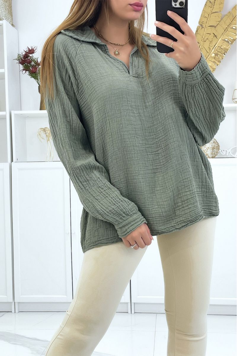 Blouse effet lin à col à revers kaki - 3