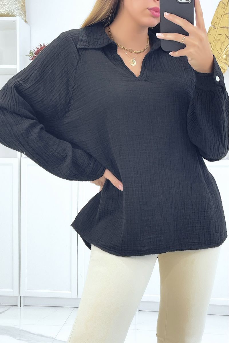 Linen-effect blouse with black lapel collar - 2