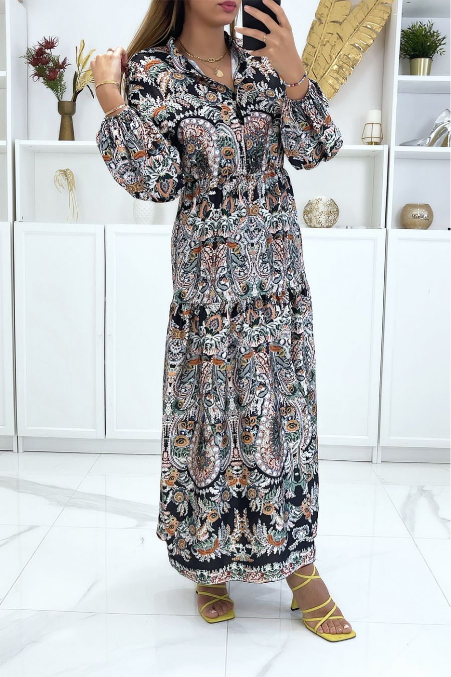Robe longue noir à élastique et imprimé floral multicolor - 2