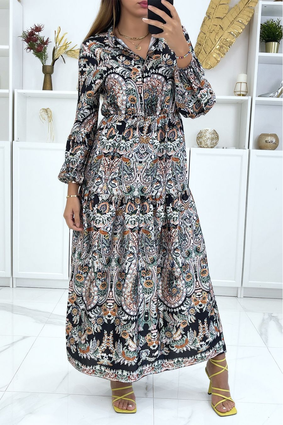 Robe longue noir à élastique et imprimé floral multicolor - 4