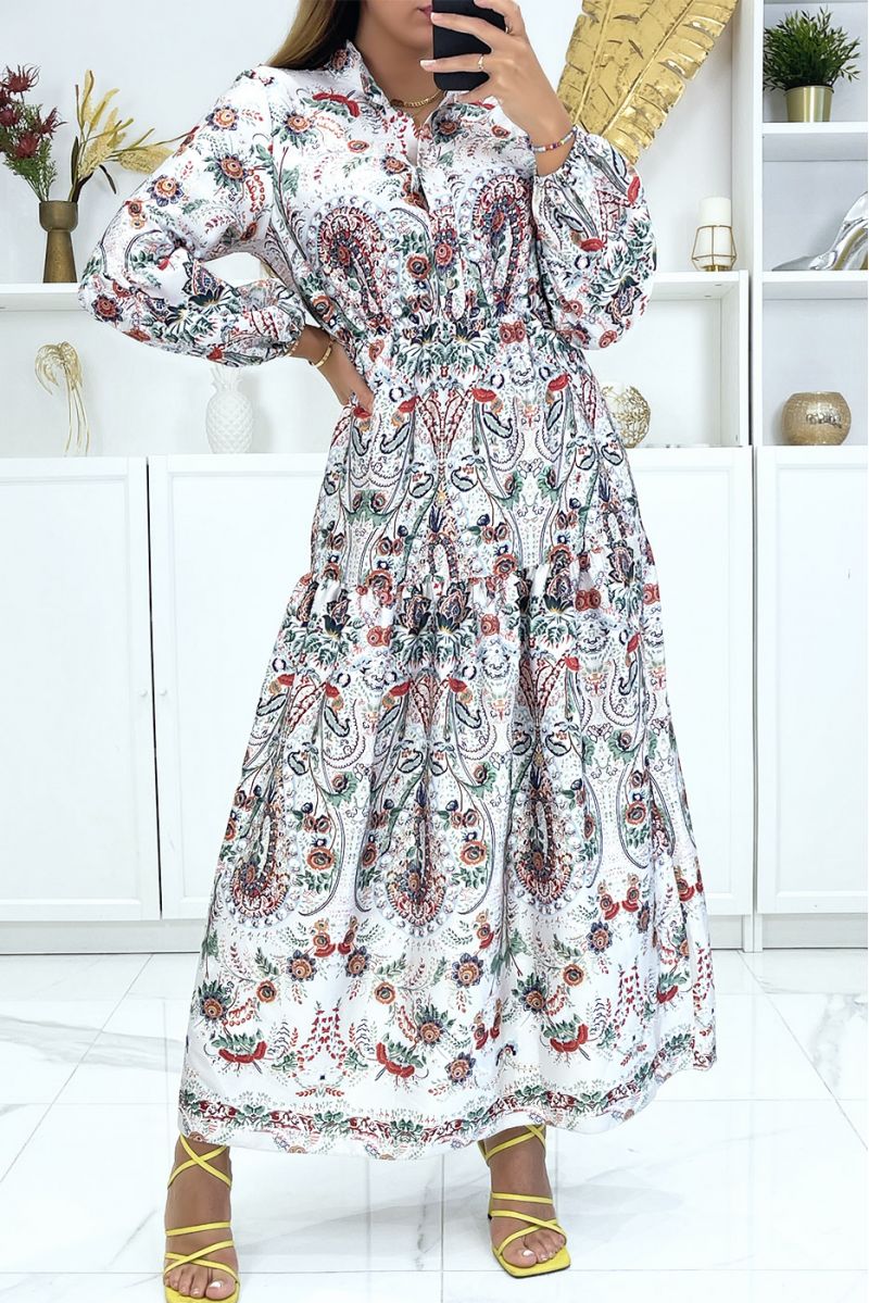 Beige long dress with elastic and multicolored floral print - 3