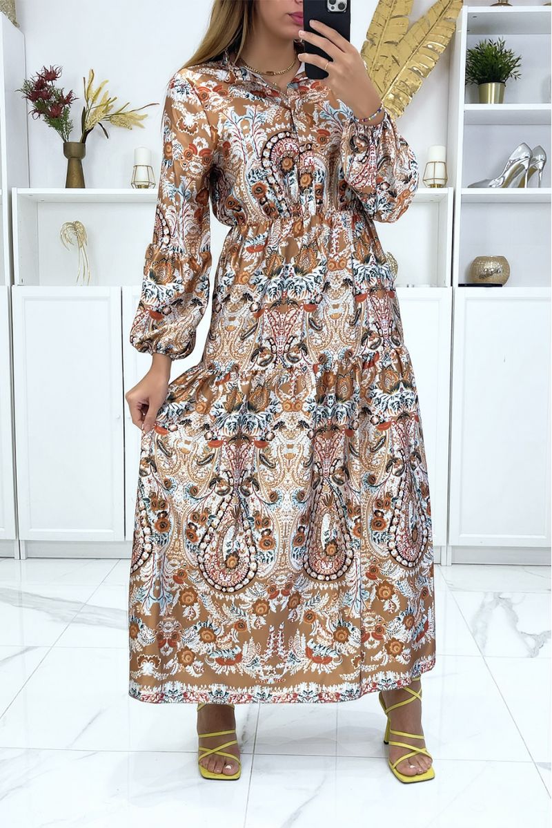Robe longue camel à élastique et imprimé floral multicolor - 3 Robe longue camel à élastique et imprimé floral multicolor - 3