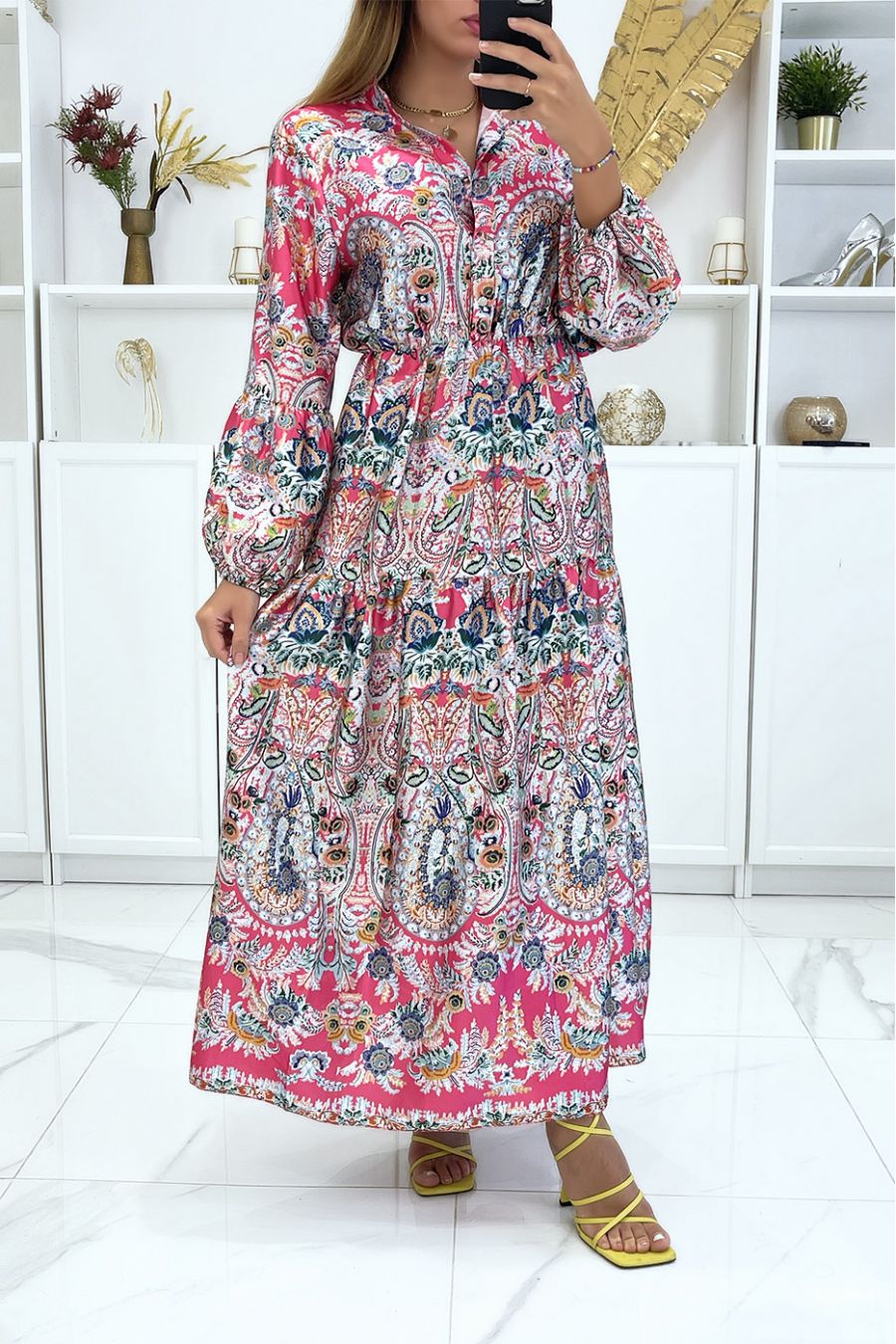 Fushia long dress with elastic and multicolored floral print - 2