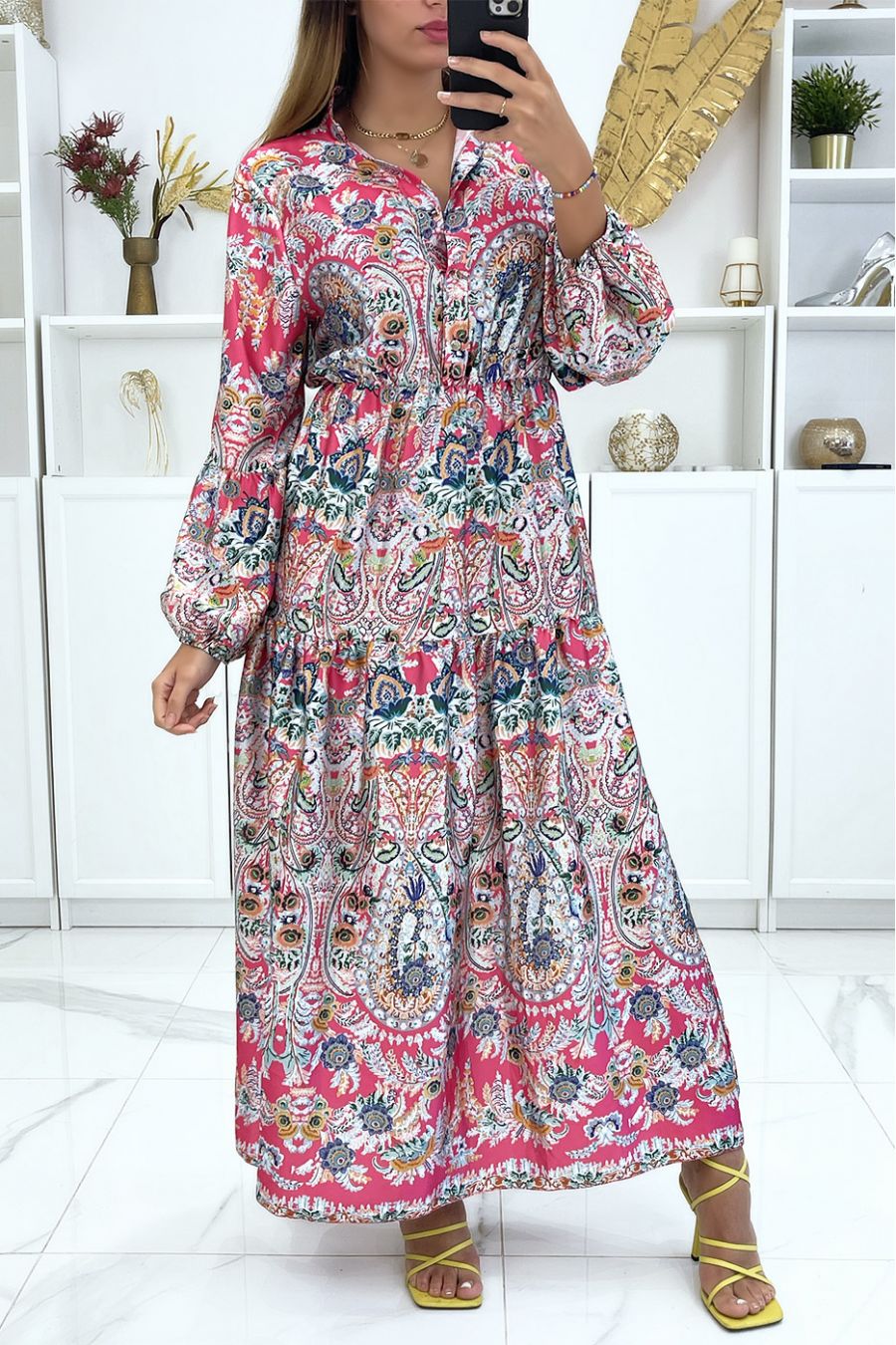 Fushia long dress with elastic and multicolored floral print - 3