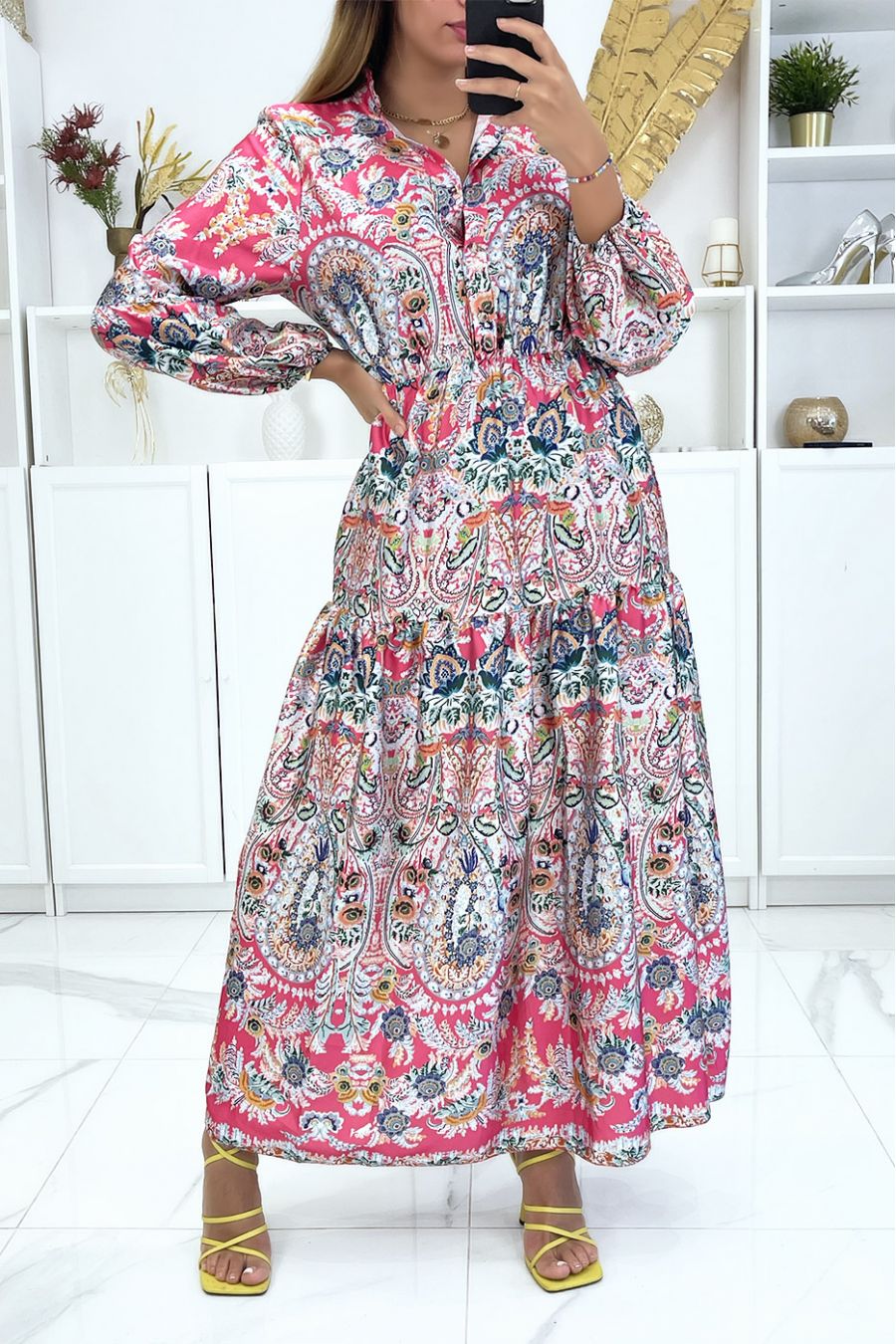 Robe longue fushia à élastique et imprimé floral multicolor - 4