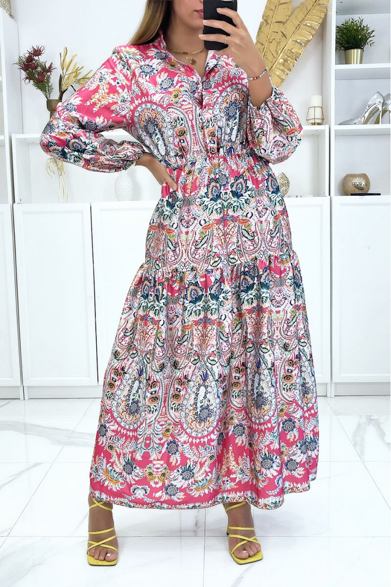 Lange jurk Fushia met elastiek en veelkleurige bloemenprint - 4 Lange jurk Fushia met elastiek en veelkleurige bloemenprint - 4