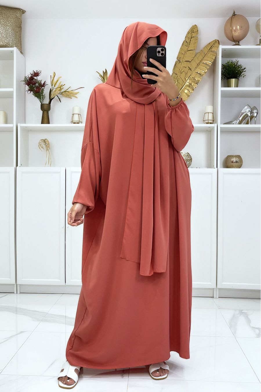 Cheap coral abaya with built-in veil in vitamin color - 4
