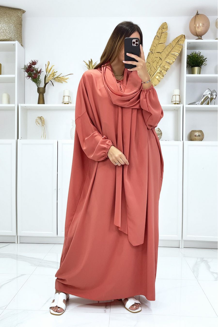 Cheap coral abaya with built-in veil in vitamin color - 5