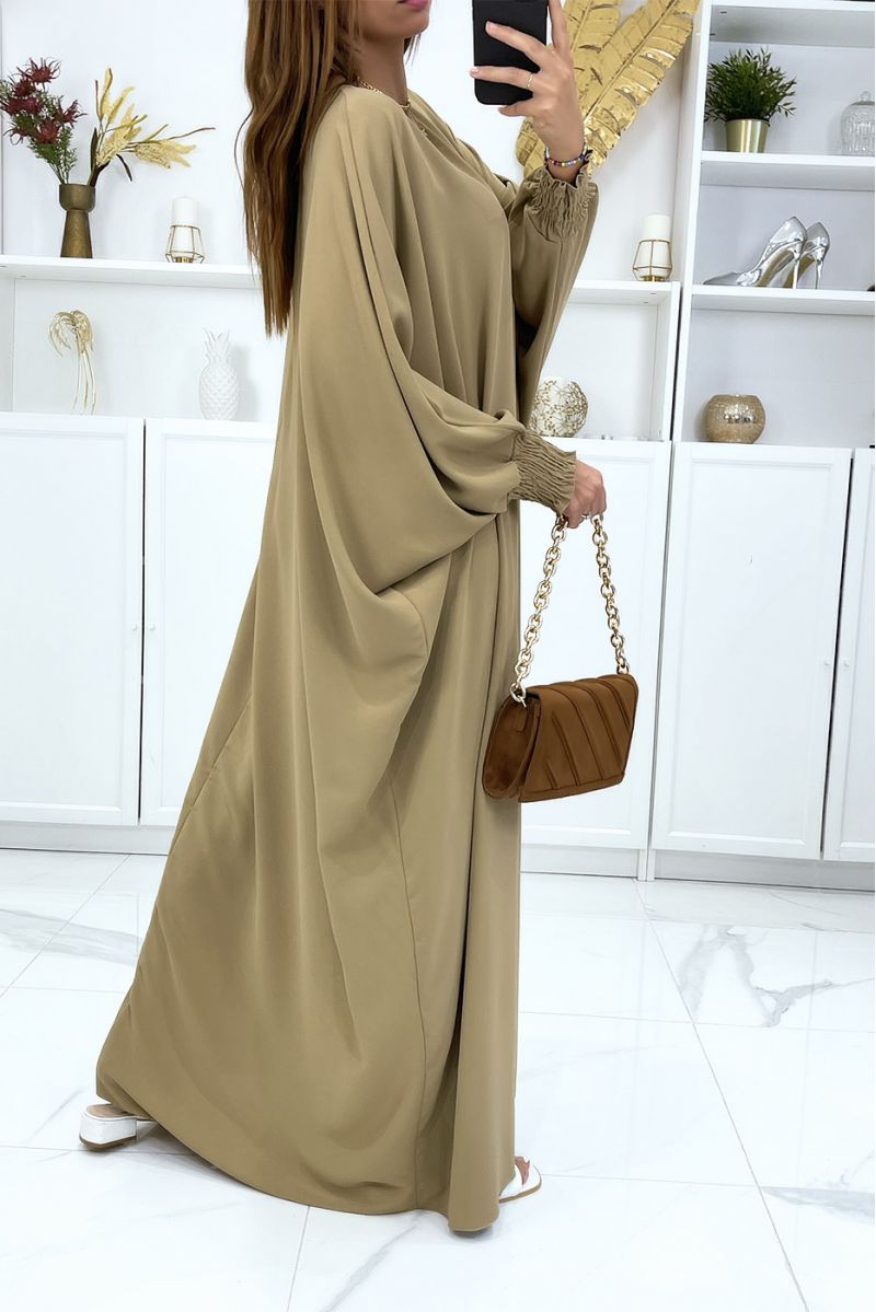 Lange zeer losse taupe abaya met elastische mouwen - 1 Lange zeer losse taupe abaya met elastische mouwen - 1