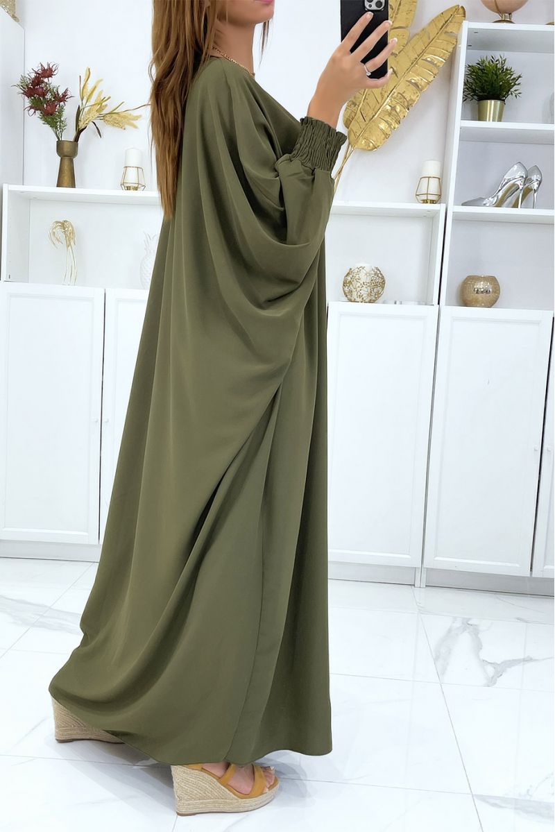 Lange, zeer losse kaki abaya met elastische mouwen - 1 Lange, zeer losse kaki abaya met elastische mouwen - 1