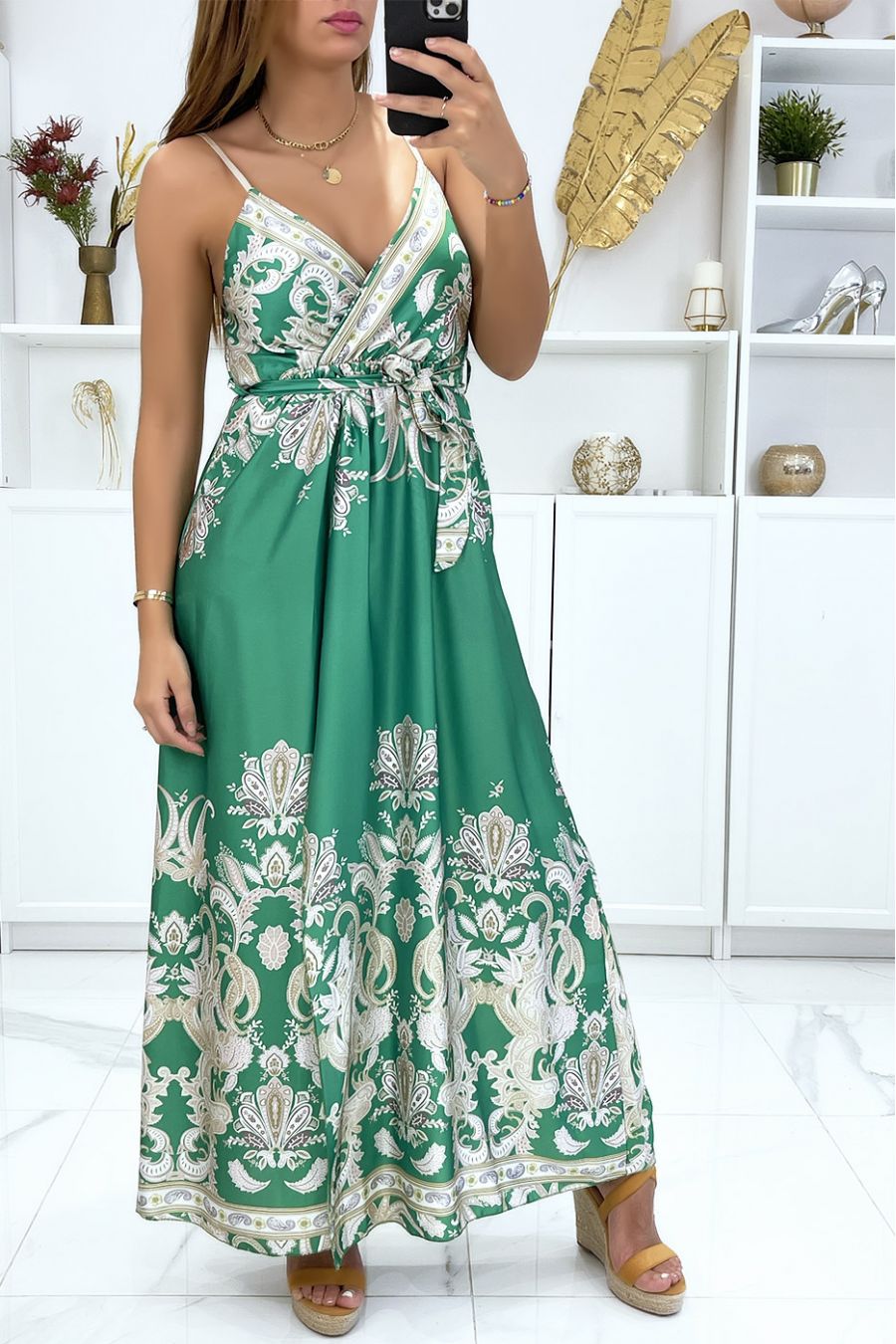 Long wrap dress and removable with sublime green pattern - 3