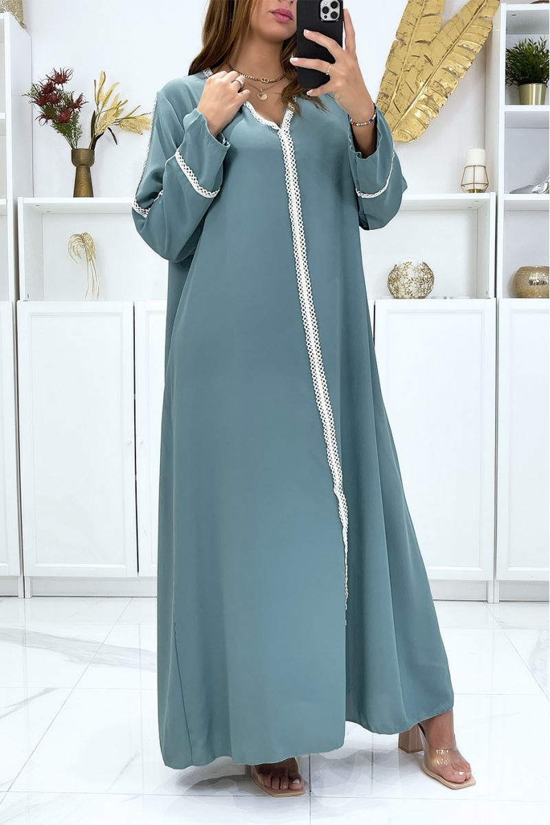 Long very loose water green abaya with lace on the sleeves and in the front - 2