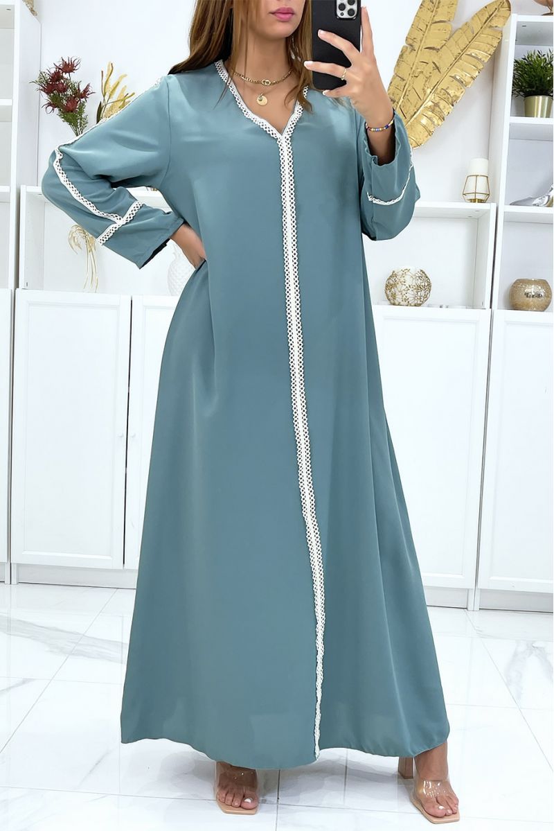 Longue abaya vert d'eau très ample avec dentelle aux manches et à l'avant - 3 Longue abaya vert d'eau très ample avec dentelle aux manches et à l'avant - 3