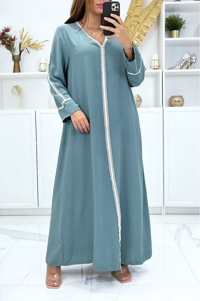 Long very loose water green abaya with lace on the sleeves and in the front - 4