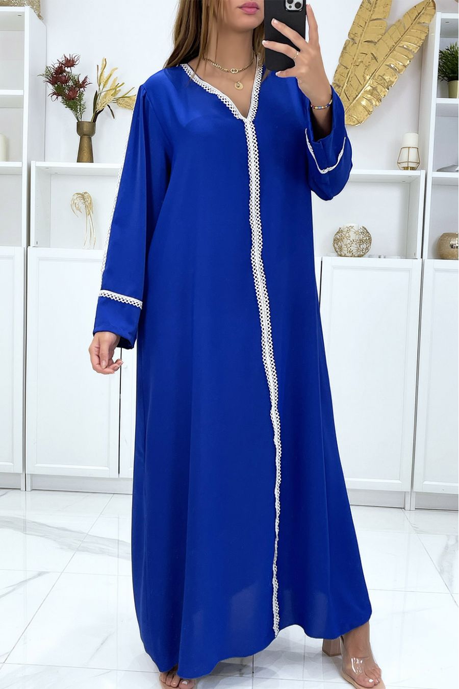 Longue abaya royal très ample avec dentelle aux manches et à l'avant - 3