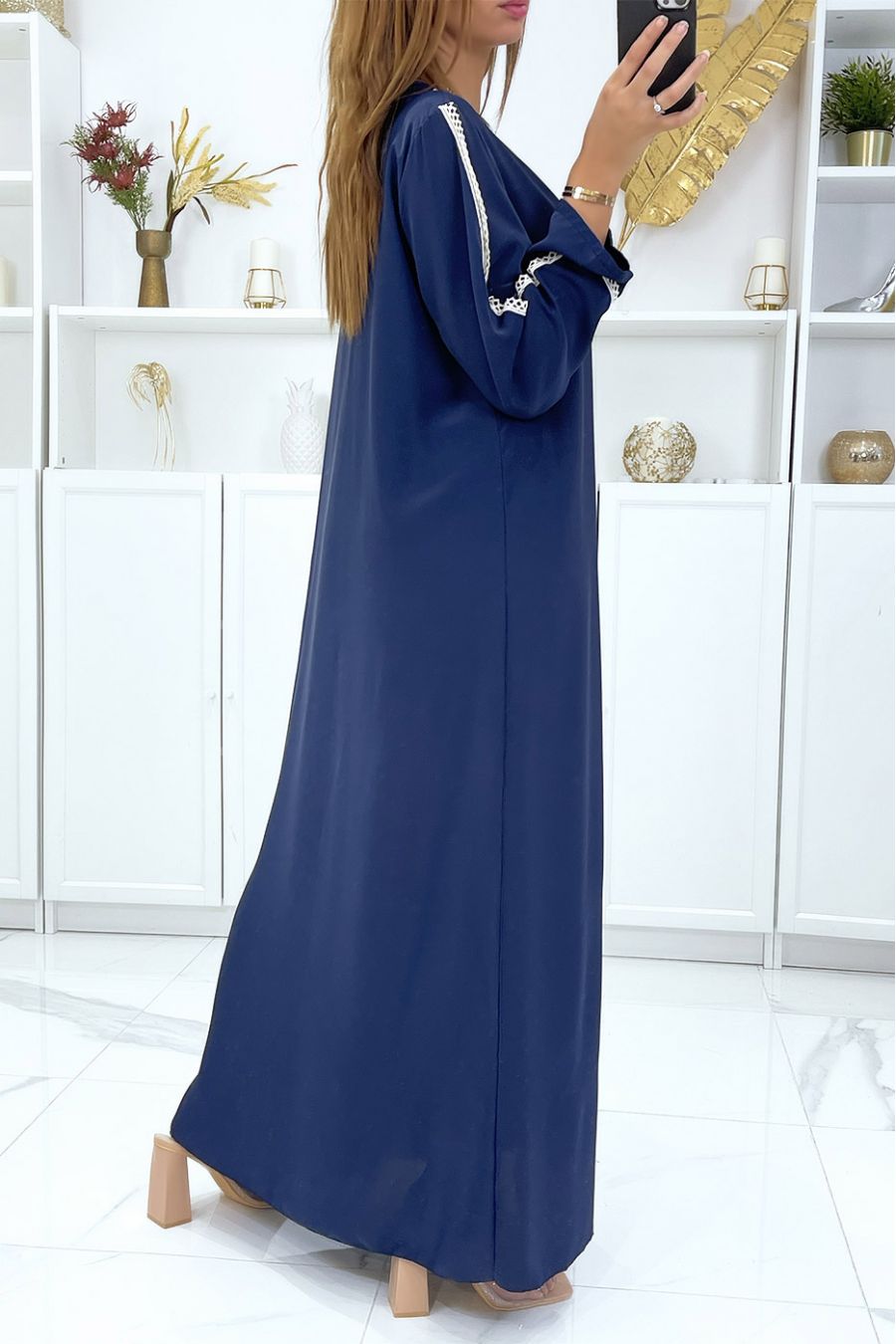 Long, very loose navy abaya with lace on the sleeves and on the front - 1