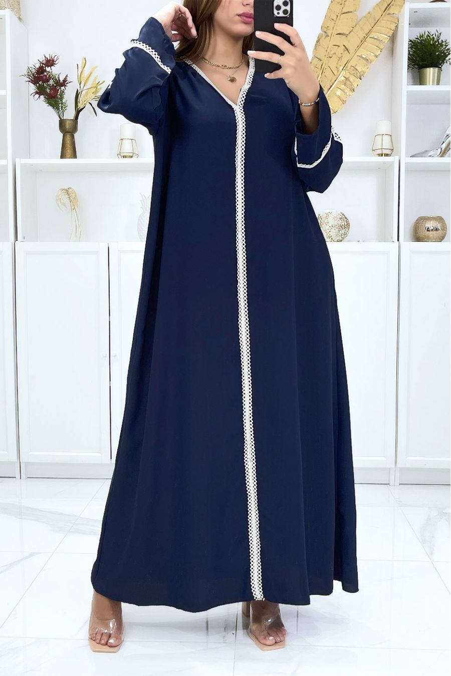 Long, very loose navy abaya with lace on the sleeves and on the front - 2