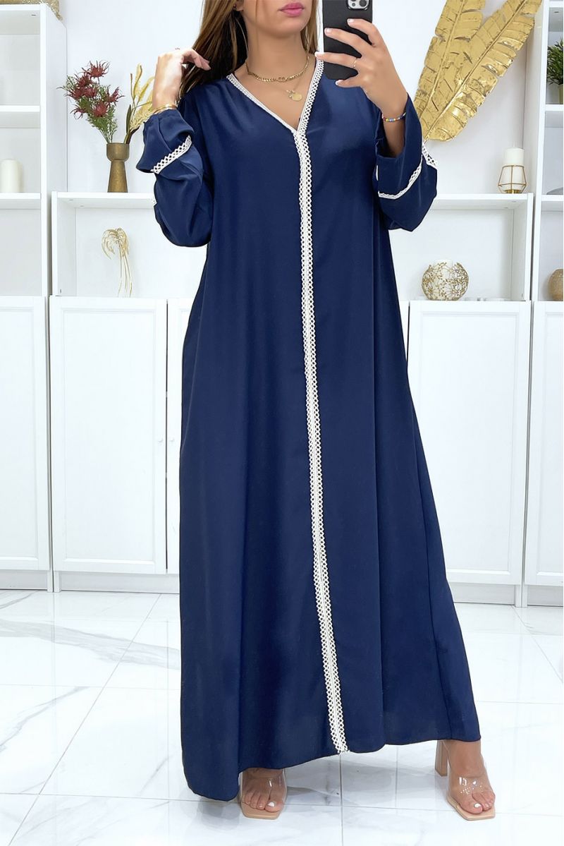 Longue abaya marine très ample avec dentelle aux manches et à l'avant - 3 Longue abaya marine très ample avec dentelle aux manches et à l'avant - 3