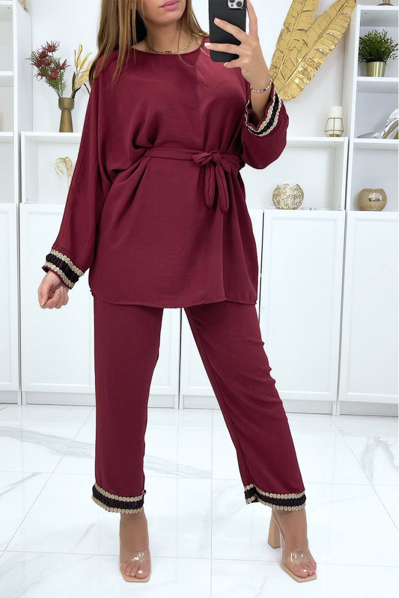 Burgundy tunic and pants set with embroidered belt and bands - 2 Burgundy tunic and pants set with embroidered belt and bands - 2