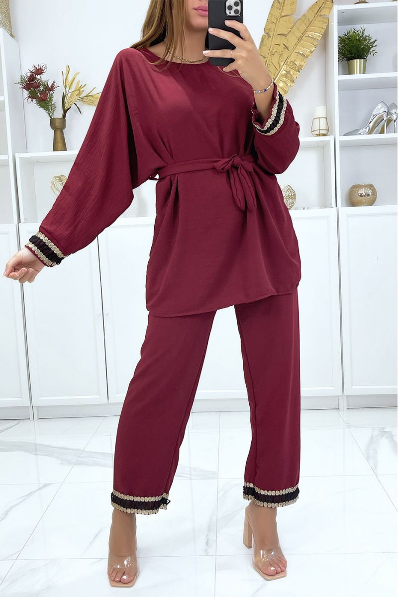 Burgundy tunic and pants set with embroidered belt and bands - 4 Burgundy tunic and pants set with embroidered belt and bands - 4