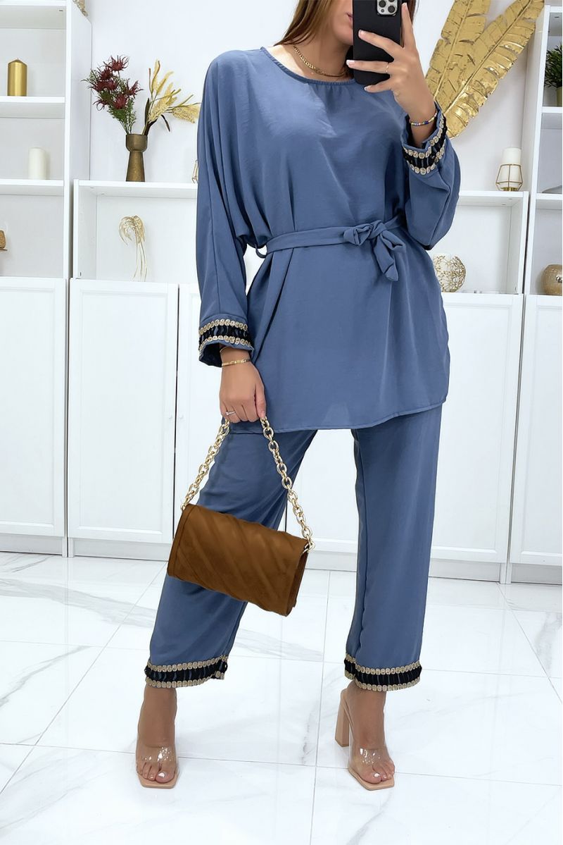 Blauwe tuniek en broek set met riem en geborduurde banden - 4 Blauwe tuniek en broek set met riem en geborduurde banden - 4