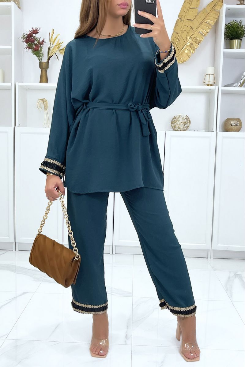 Beige set with oriental details tunic and pants