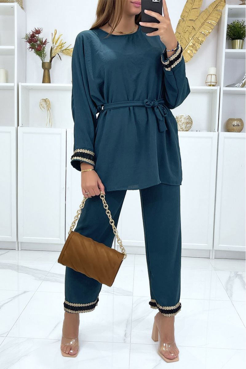 Beige set with oriental details tunic and pants