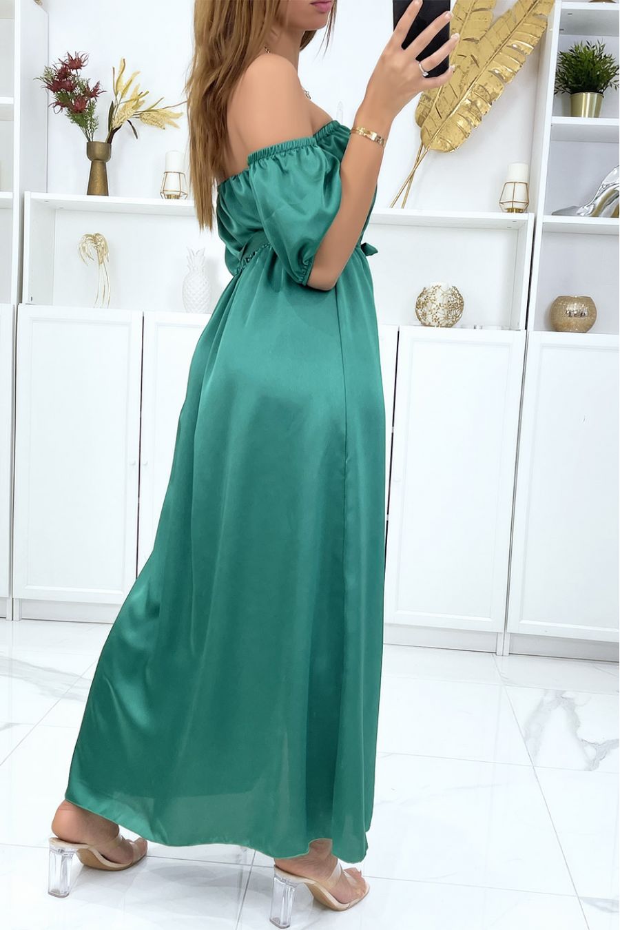 Long satin strapless dress in green with separate sleeves - 1