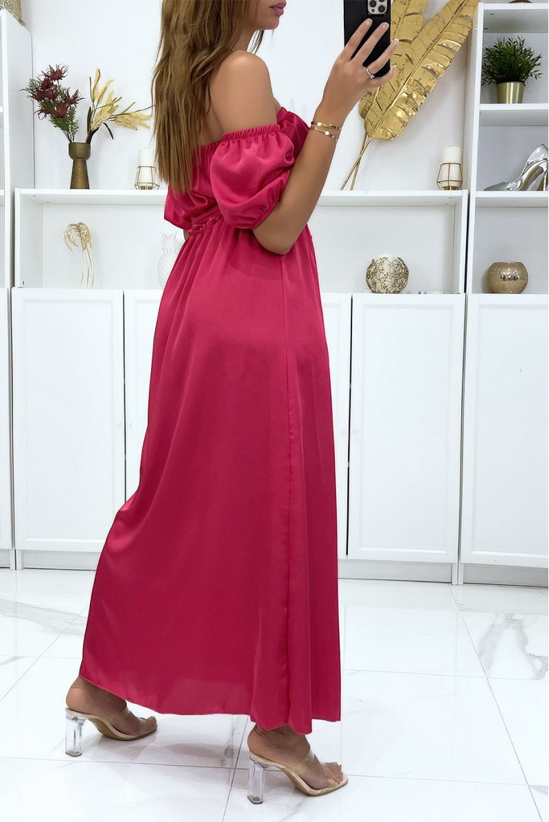 Long fuchsia satin bustier dress with separate sleeves - 1