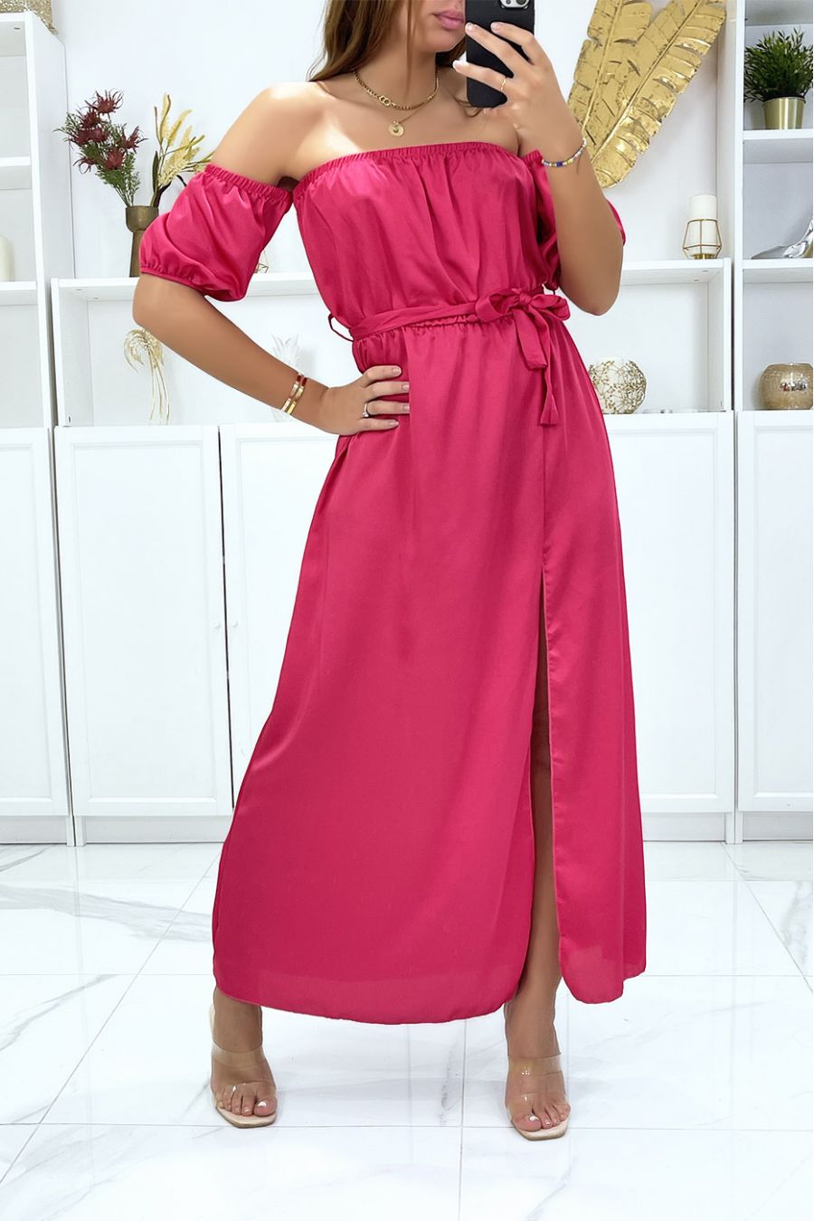 Long fuchsia satin bustier dress with separate sleeves - 2