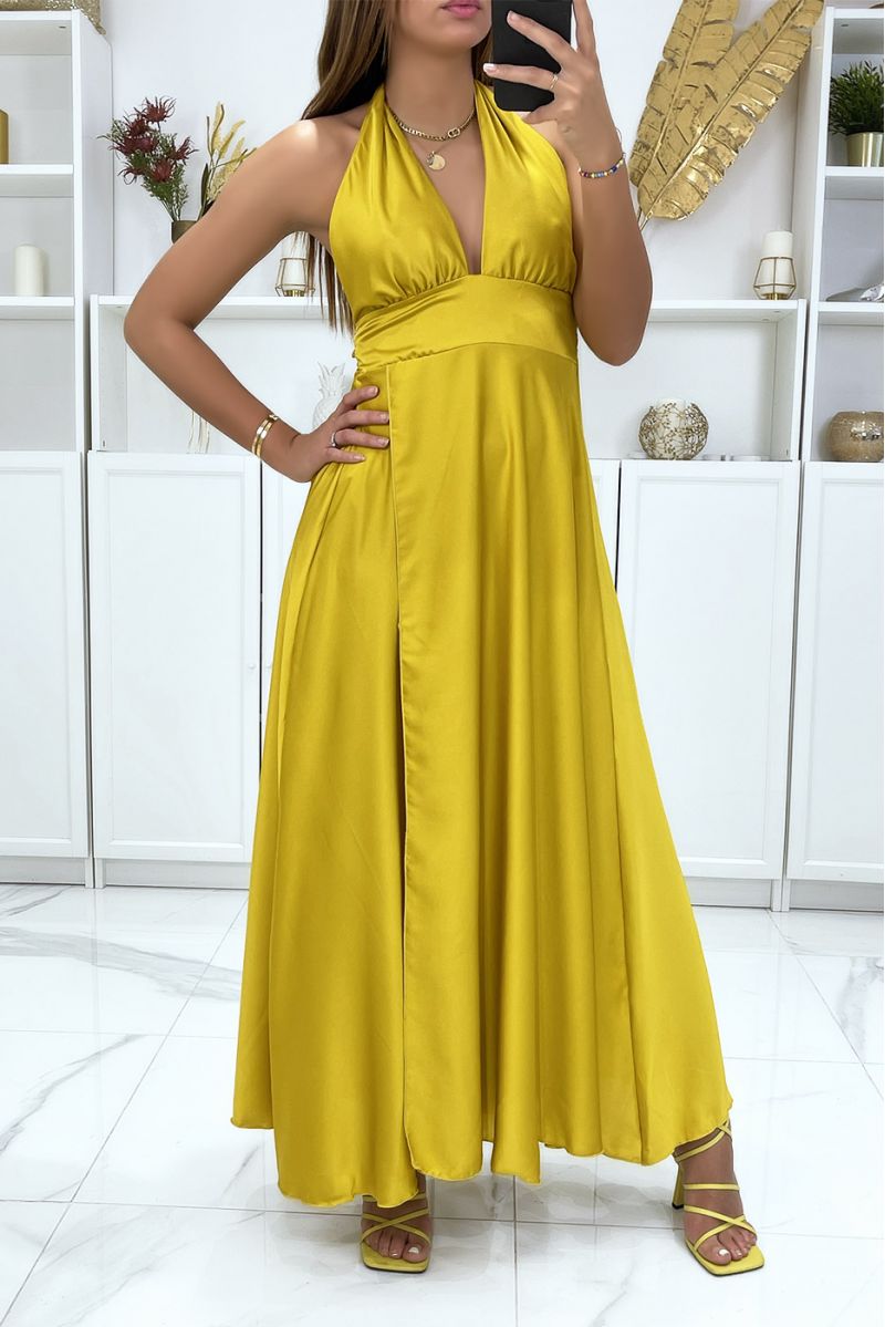 Long satin dress in mustard with ties at the collar - 2