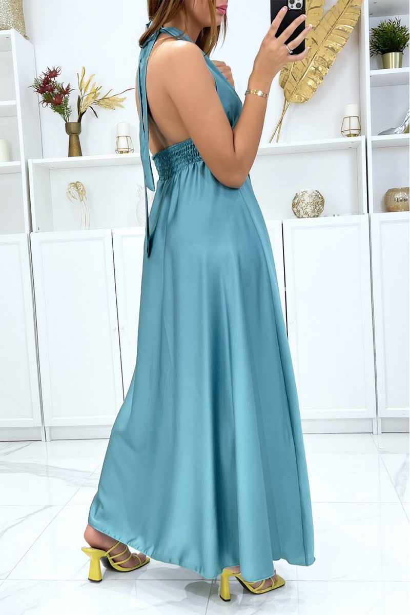 Longue robe satiné en vert d'eau avec attaches au col - 1